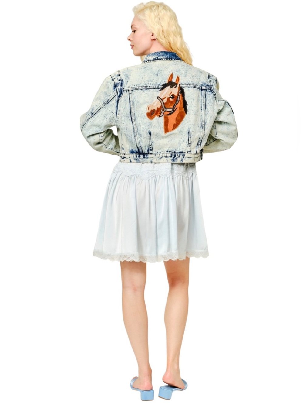 NEW Blue b Washed Denim Western Embroidered Horse Patches Western Jean Jacket - Picture 7 of 7